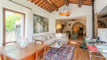 Chimenea, reproductor de DVD, libros
