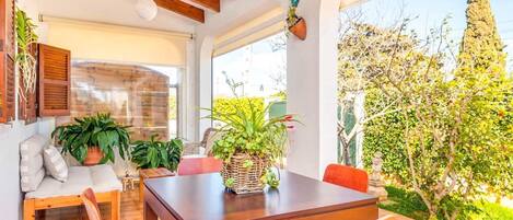 A sunlit room with a wooden table, chairs, and potted plants.