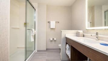 A modern bathroom with a glass shower enclosure, a wooden vanity, and a large mirror.
