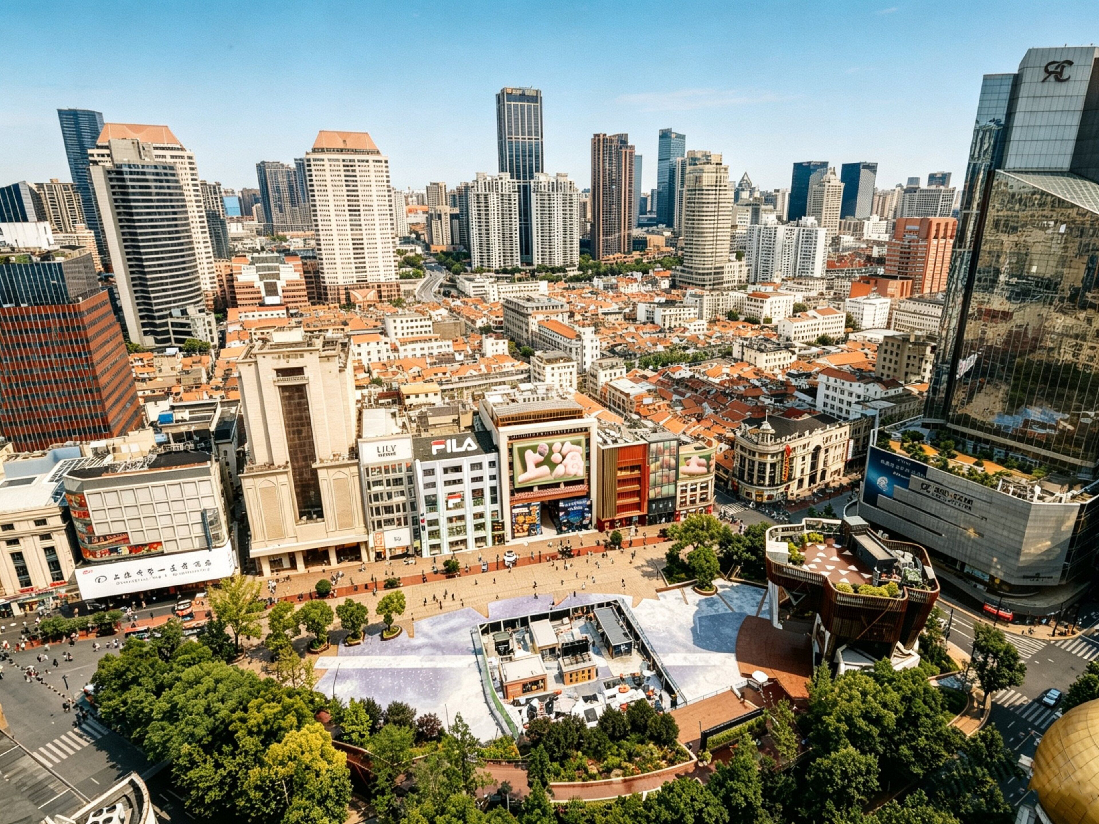 Un paisaje urbano con una mezcla de arquitectura moderna y tradicional, incluyendo un edificio destacado con un gran anuncio.
