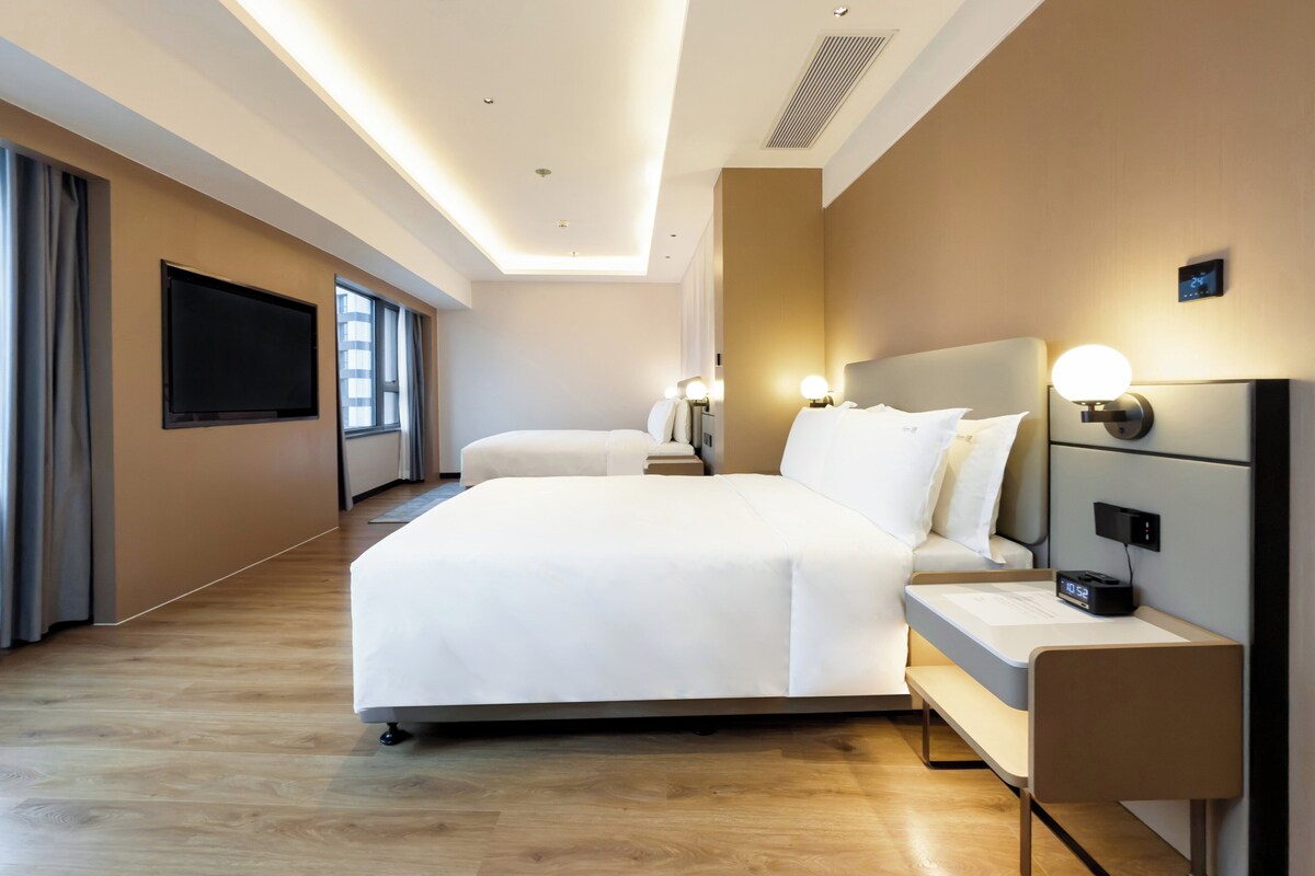 A modern hotel room with a large bed, bedside tables, a flat-screen TV, and a large window.