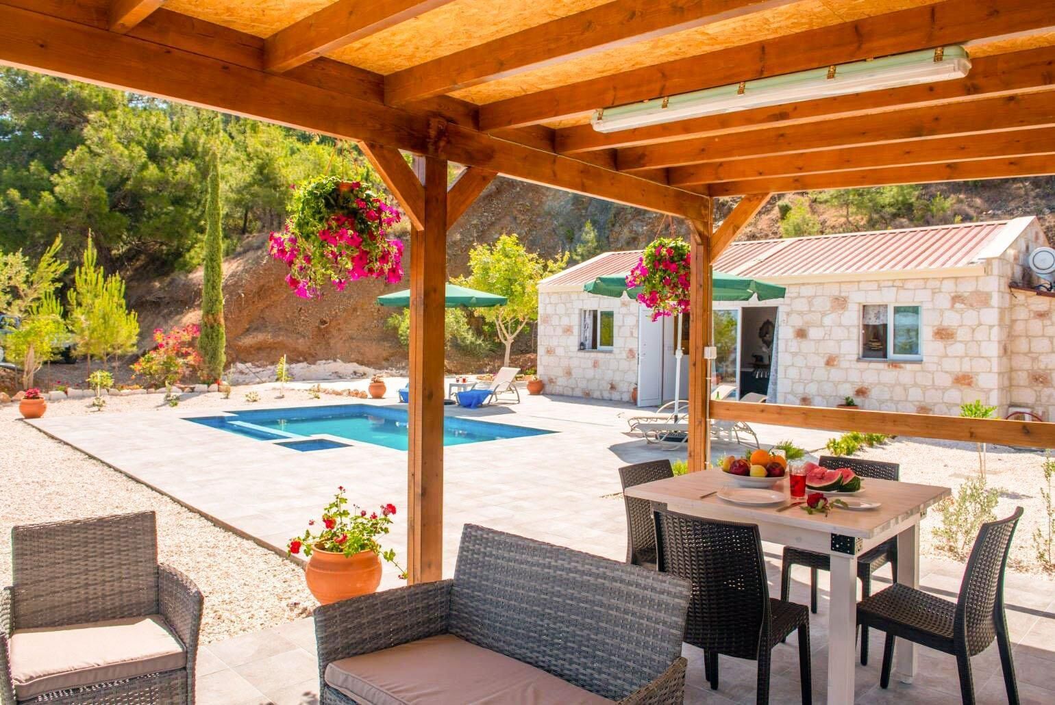 A covered outdoor area with a pool, wicker furniture, and hanging flower baskets.
