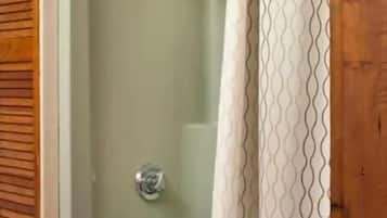 Combined shower/bathtub, eco-friendly toiletries, hair dryer, towels