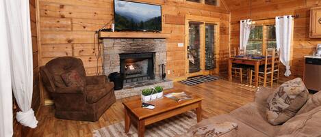 Tv, eldstad, dvd-spelare och ett filmbibliotek