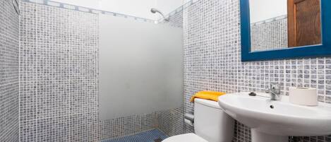 A bathroom with a tiled shower, a toilet, and a sink.