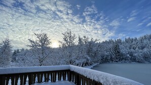 Une terrasse enneigée offrant une vue sur un lac gelé et des arbres.