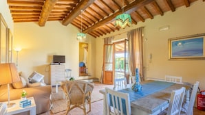 Una sala de estar acogedora con un sofá, un televisor, una mesa de comedor con sillas y una butaca de mimbre.