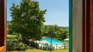 Vista desde una ventana a un patio trasero con piscina, un árbol grande y un porche cubierto.