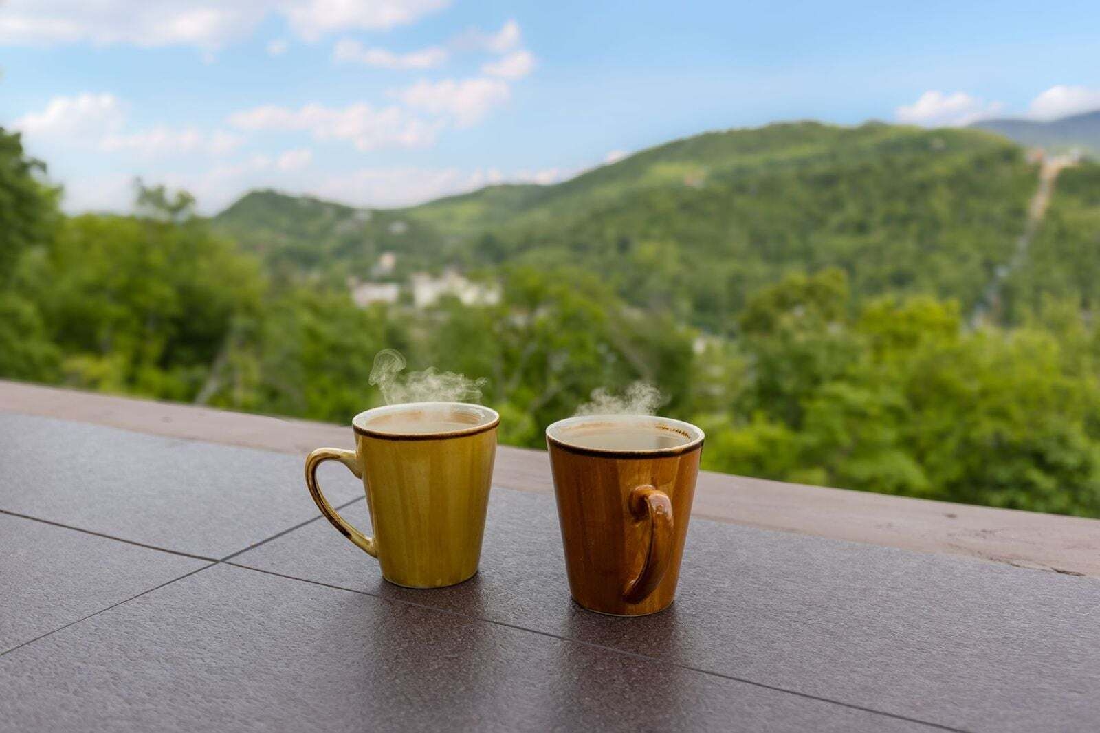 To kopper kaffe på en flisebelagt overflade med et bjerglandskab i baggrunden.
