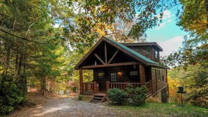A rustic cabin with a porch, surrounded by trees and a gravel path. - Paradise in the Treetops, Hot Tub, Game Loft & Fireplace - Almost Bearadise (Sevierville)