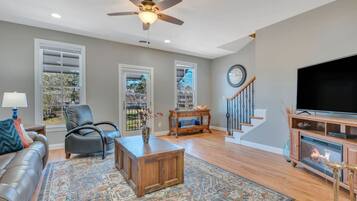 Télévision, cheminée, espaces bureaux