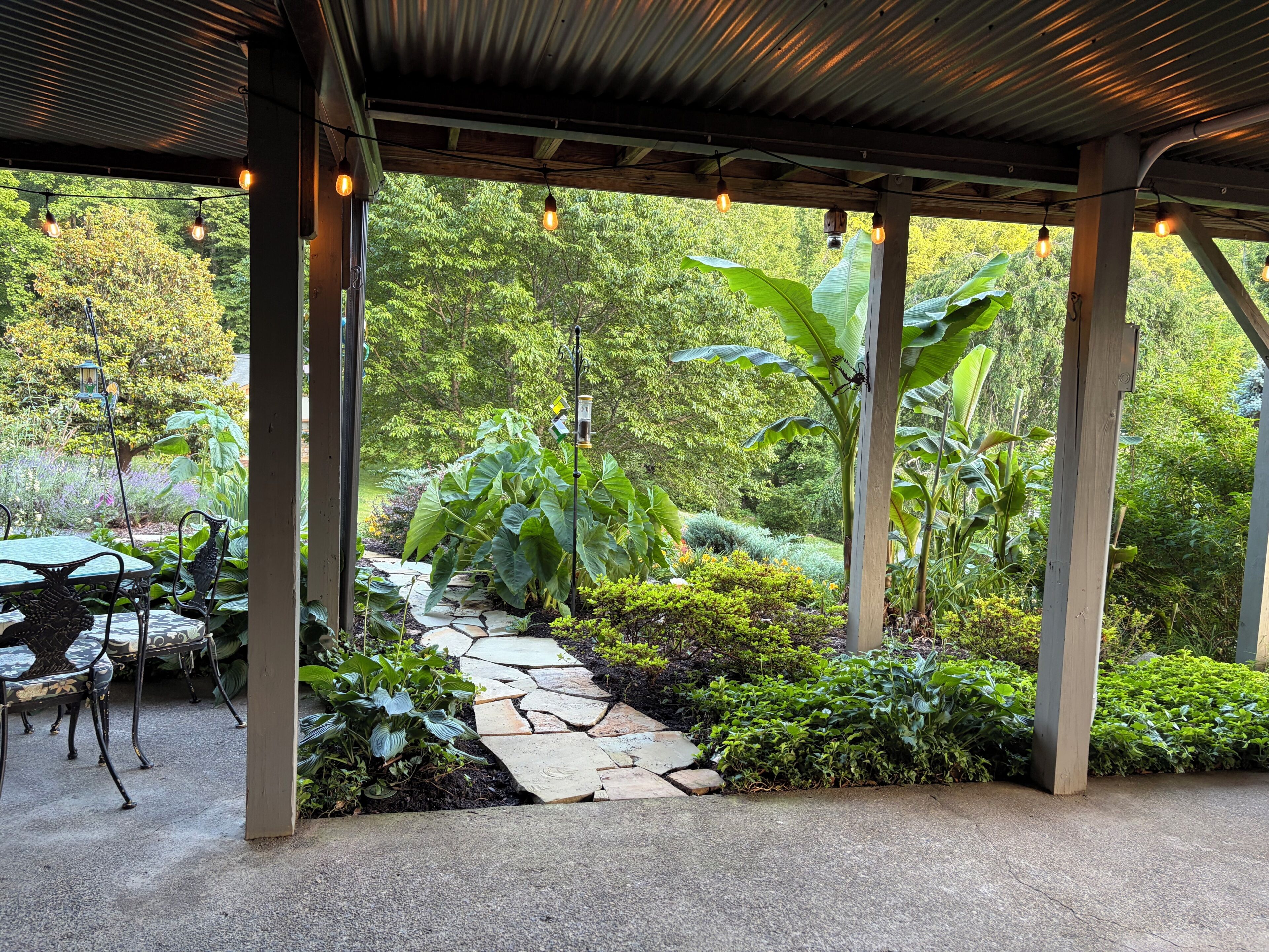 A covered patio with a stone pathway, surrounded by lush greenery and a view of a forested area.