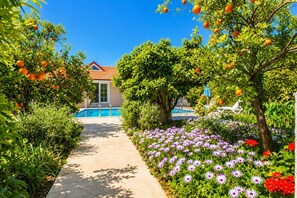 Un sendero que lleva a una piscina rodeada de abundante vegetación y plantas en flor.