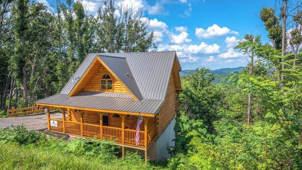 A log cabin with a porch, surrounded by dense forest and mountains in the background.