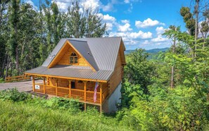 A log cabin with a porch, surrounded by dense forest and mountains in the background.