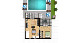 A top-down view of a house with a swimming pool, a patio with umbrellas, a kitchen, a dining area, and a living room.