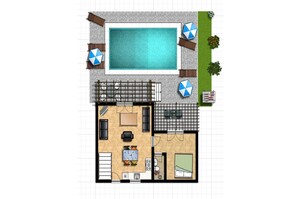 Vue aérienne d’une maison avec une piscine, une terrasse avec des parasols, une cuisine, un coin repas et un salon.