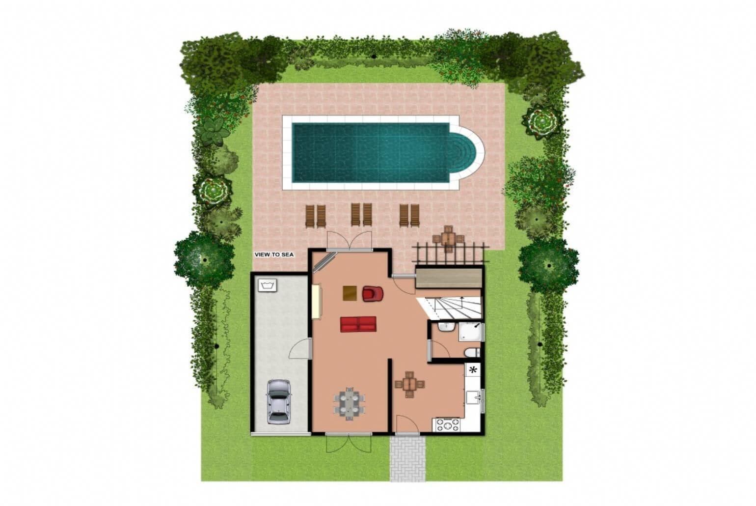 Une maison avec une piscine, un coin repas, une cuisine, un salon et une salle de bain.