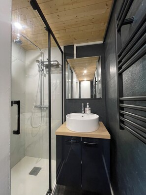 Chuveiro, secador de cabelo, toalhas de banho, sabonete