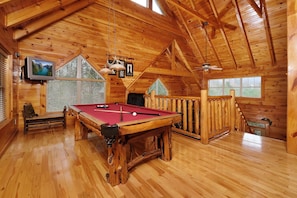 A wooden interior with a pool table, a television, and a ceiling fan. - Hemlock Ridge 1713 - Mountain View from Hot Tub (Gatlinburg)