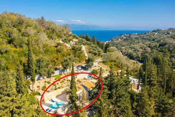 Une propriété située sur une colline, dotée d’une piscine, entourée d’une végétation luxuriante et offrant une vue sur la mer.
