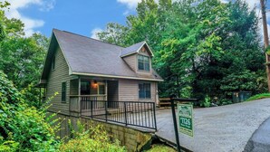 A two-story cabin with a porch, surrounded by lush greenery and a paved driveway.