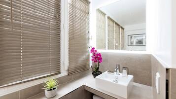 Ducha, secador de pelo, toallas, jabón