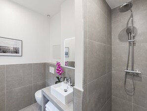 Douche, sèche-cheveux, serviettes fournies, savon