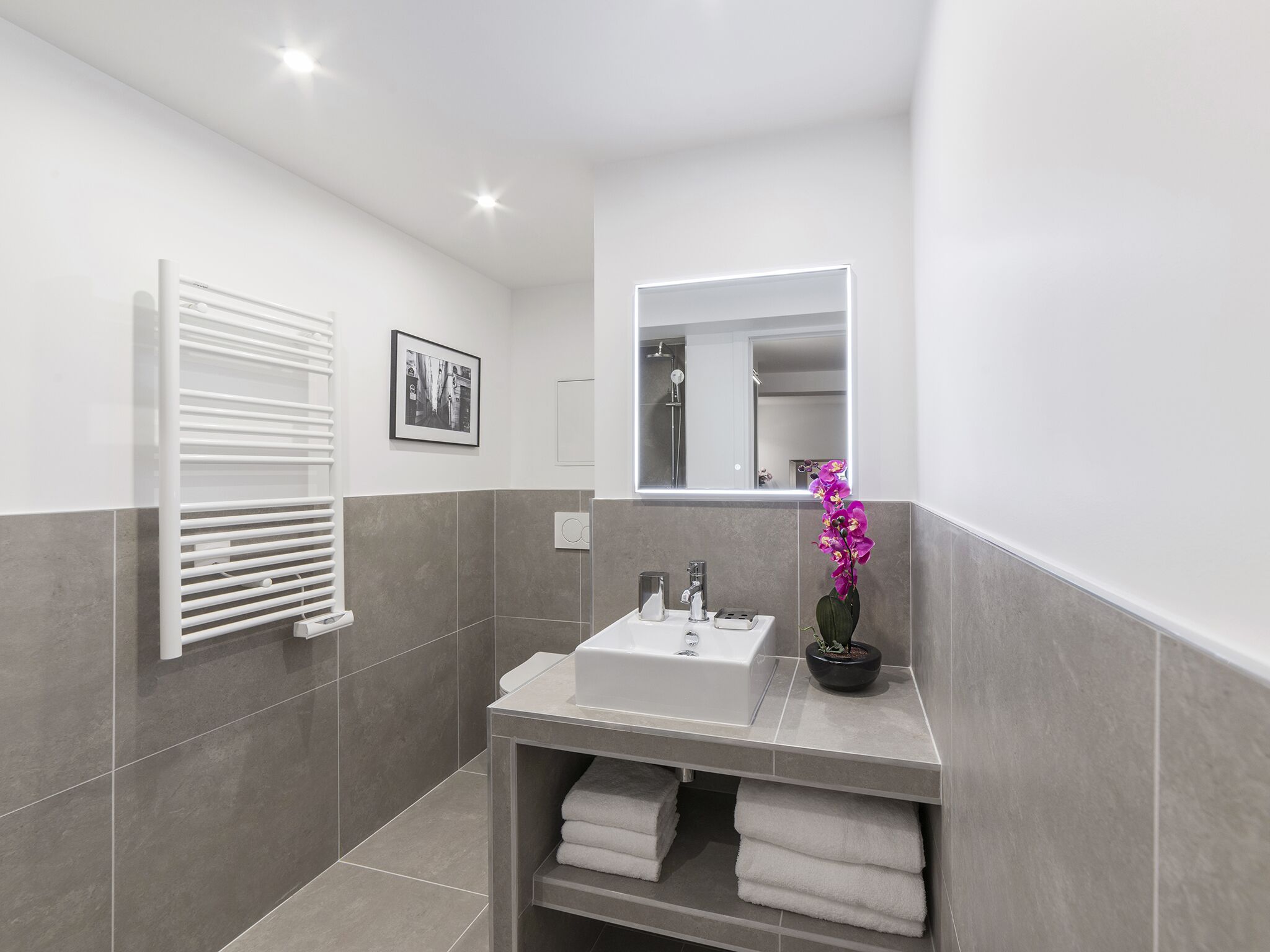 Chuveiro, secador de cabelo, toalhas de banho, sabonete