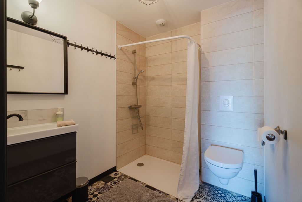 Baño con ducha, inodoro, lavabo y espejo.