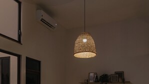 Et moderne spiseområde med et træbord og stole, en hængende vævet lampe, en grå sofa og en potteplante.