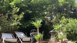 A garden with outdoor seating, a barbecue grill, and a small palm tree.