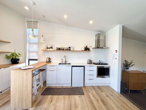 Fridge, microwave, oven, stovetop - The Studio St Clair ~ architectural guest house (Dunedin)