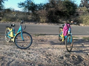 Two bicycles parked on a dirt path beside a paved road. - Riad 34 (Marrakech)