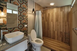 Ducha, cabezal de ducha tipo lluvia, secador de pelo, toallas