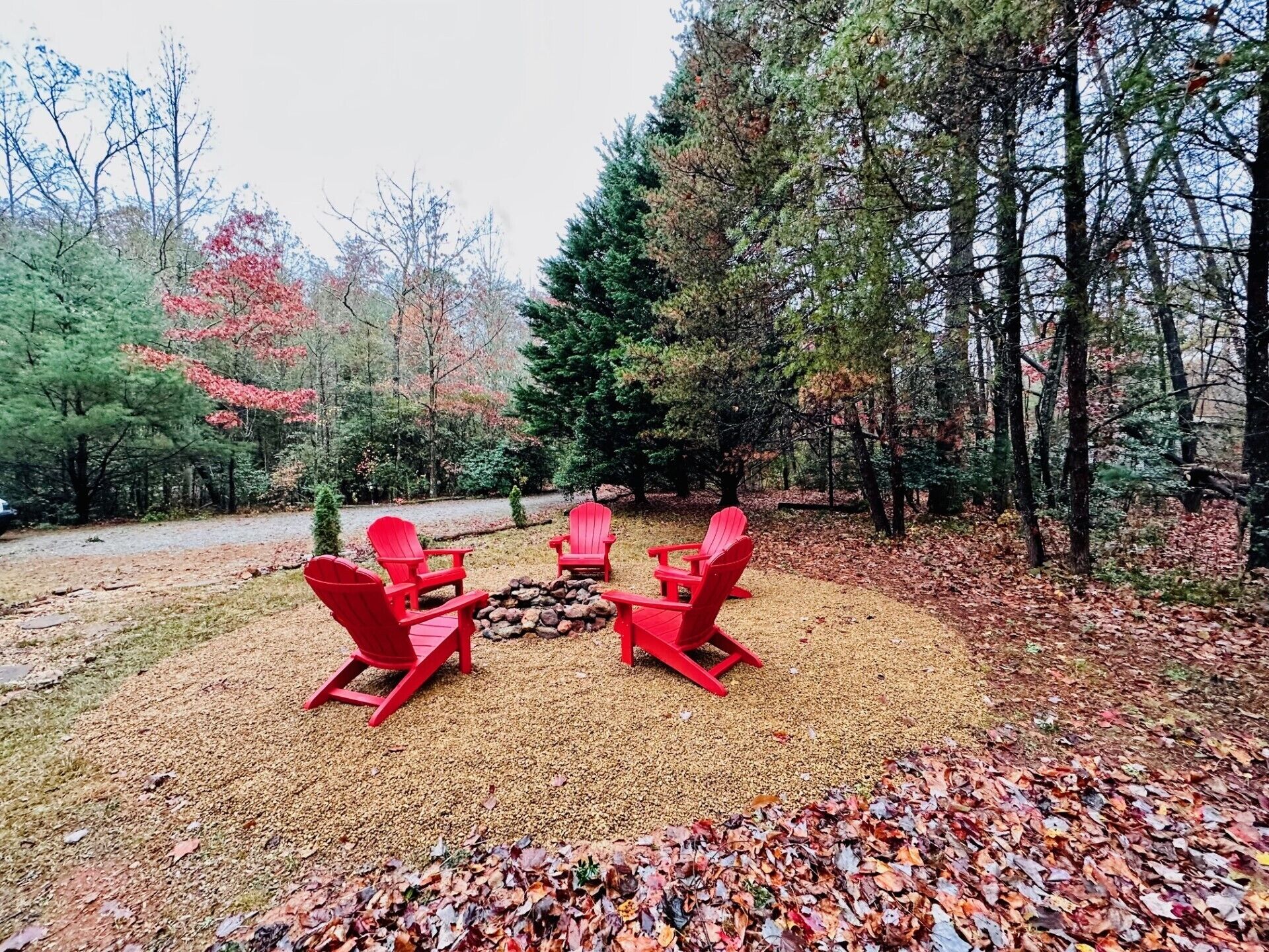 A forested area with a gravel path and three red Adirondack chairs arranged around a fire pit.