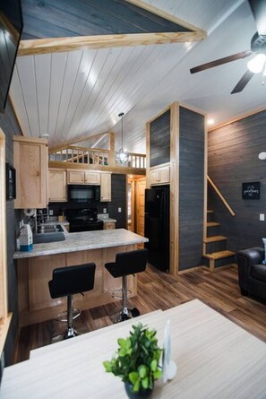 Full-sized fridge, microwave, oven, stovetop