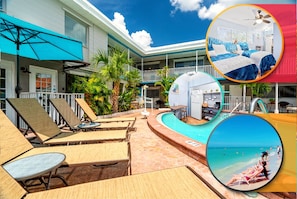 Relax by the pool in a shaded area surrounded by lounge chairs and a low wall.