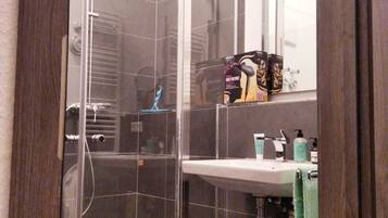 Dusche, Haartrockner, Handtücher, Toilettenpapier