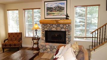 TV connectée, cheminée, livres