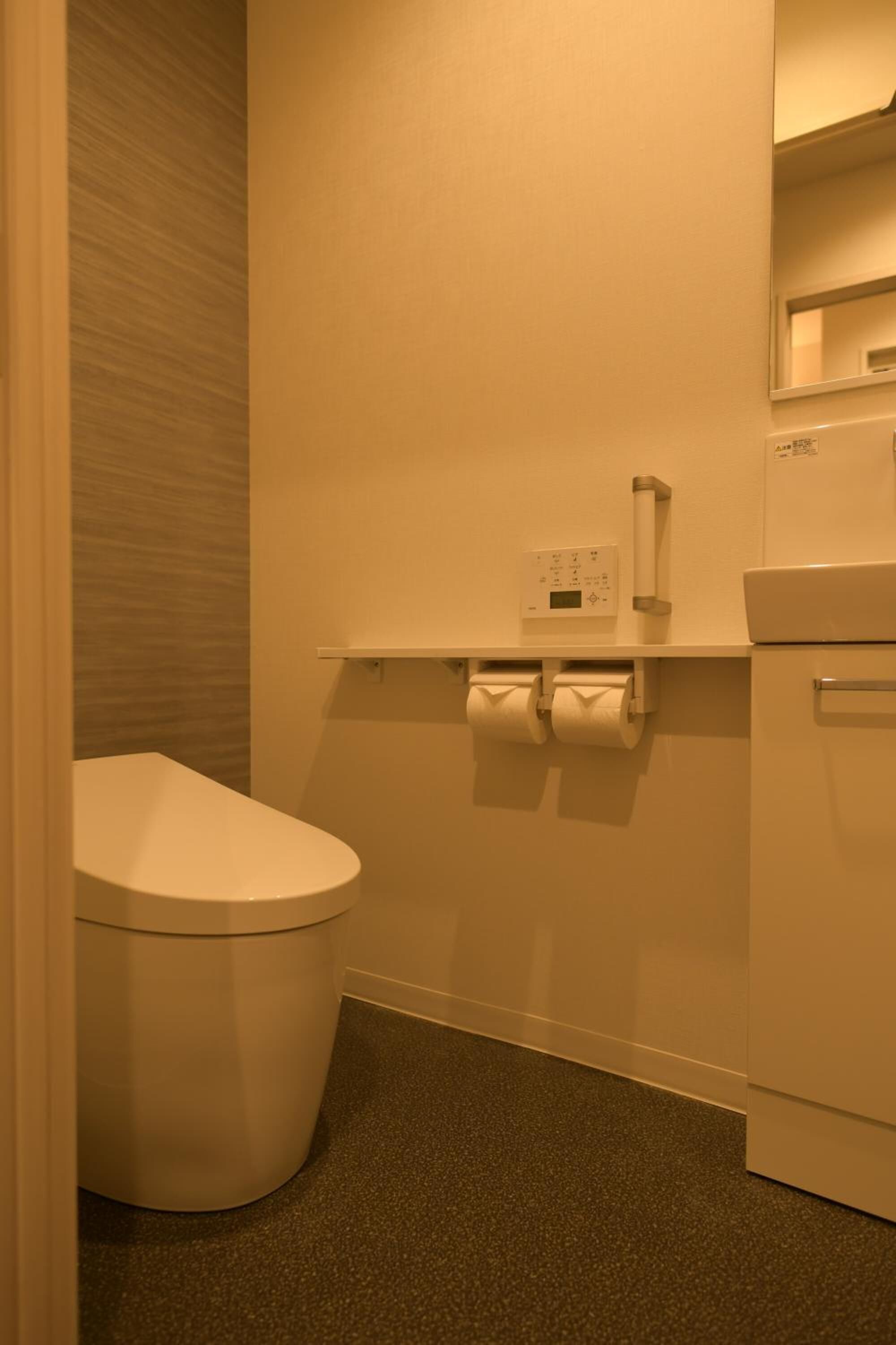 hair dryer, slippers, electronic bidet, towels