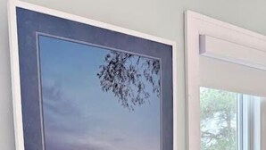 A framed picture of a sunset over water, a window with a view of greenery, and a white window frame. - Remodeled Downtown Condo Across the Street from Jo (La Pointe)