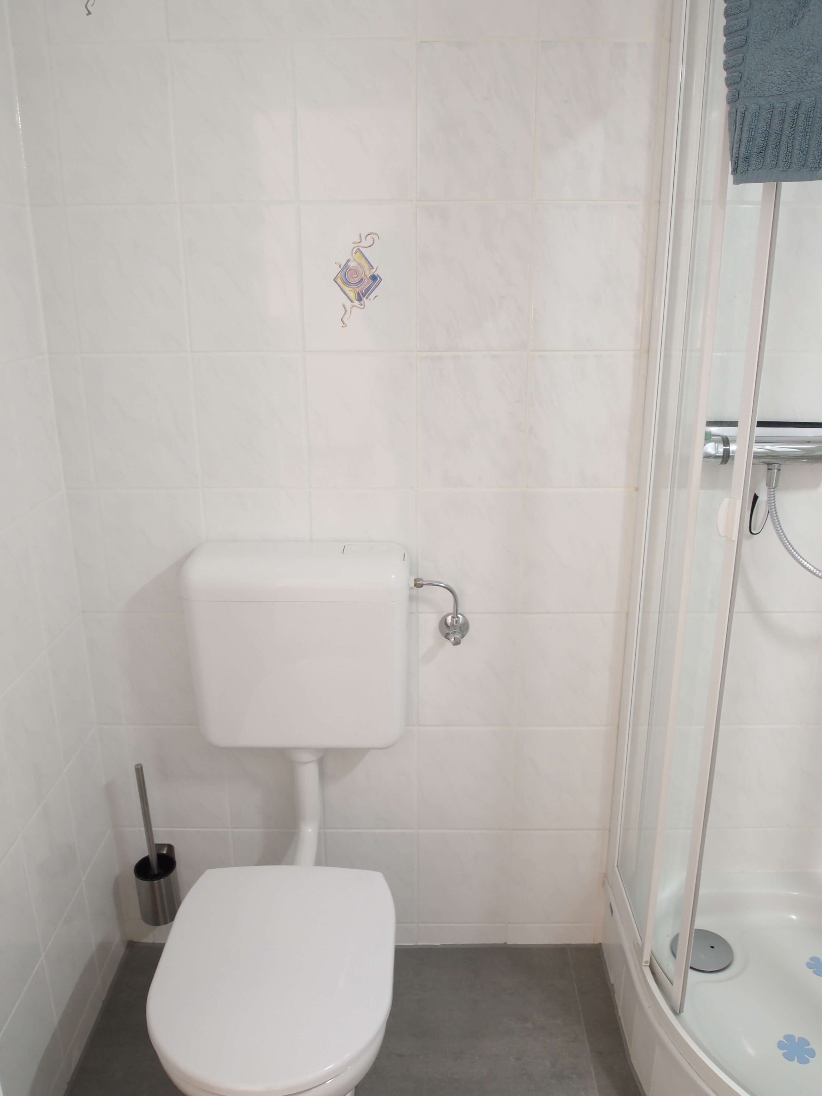 Une salle de bain avec des toilettes, une douche et un petit objet décoratif accroché au mur.