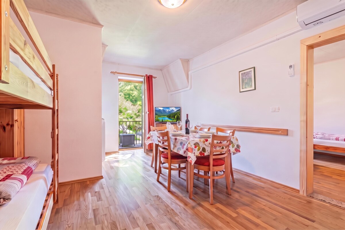 A room with a bunk bed, a dining table with chairs, a television, and a view of a garden through a window.