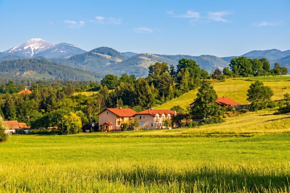 A rural landscape with houses, green fields, and mountains in the background.