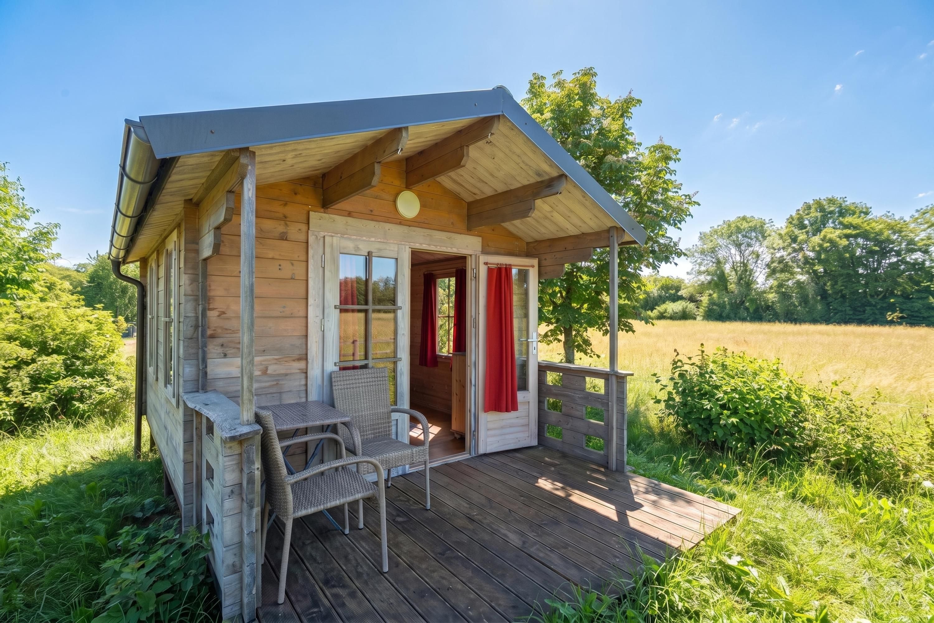 A wooden cabin with a porch, a table, and chairs.