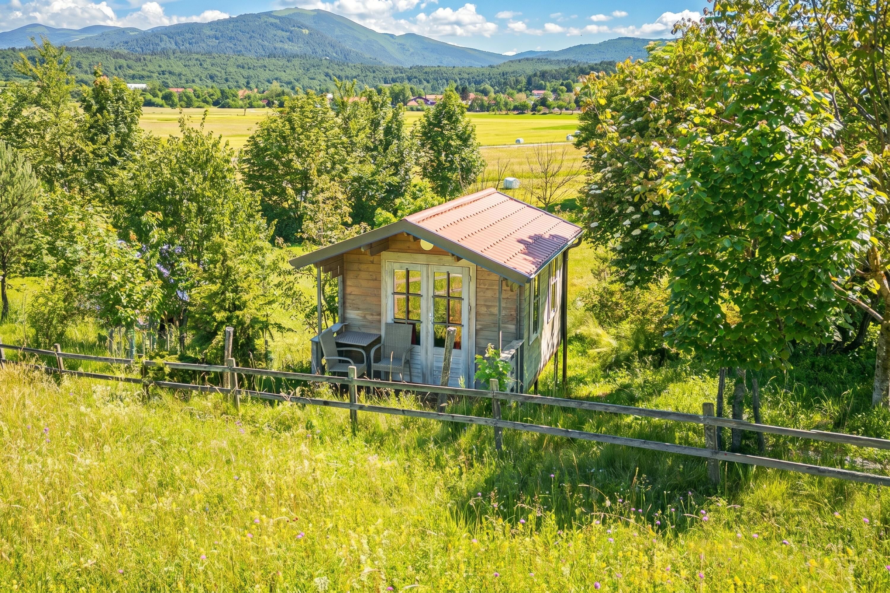 A small wooden cabin with a red roof, surrounded by lush greenery and a fenced area.