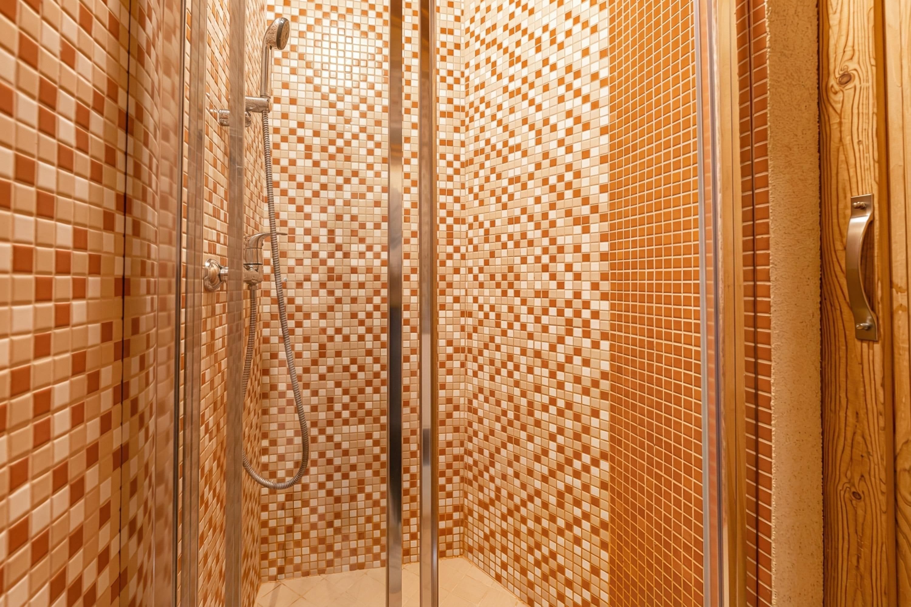 Una ducha con mampara de vidrio, paredes con azulejos y una puerta de madera.