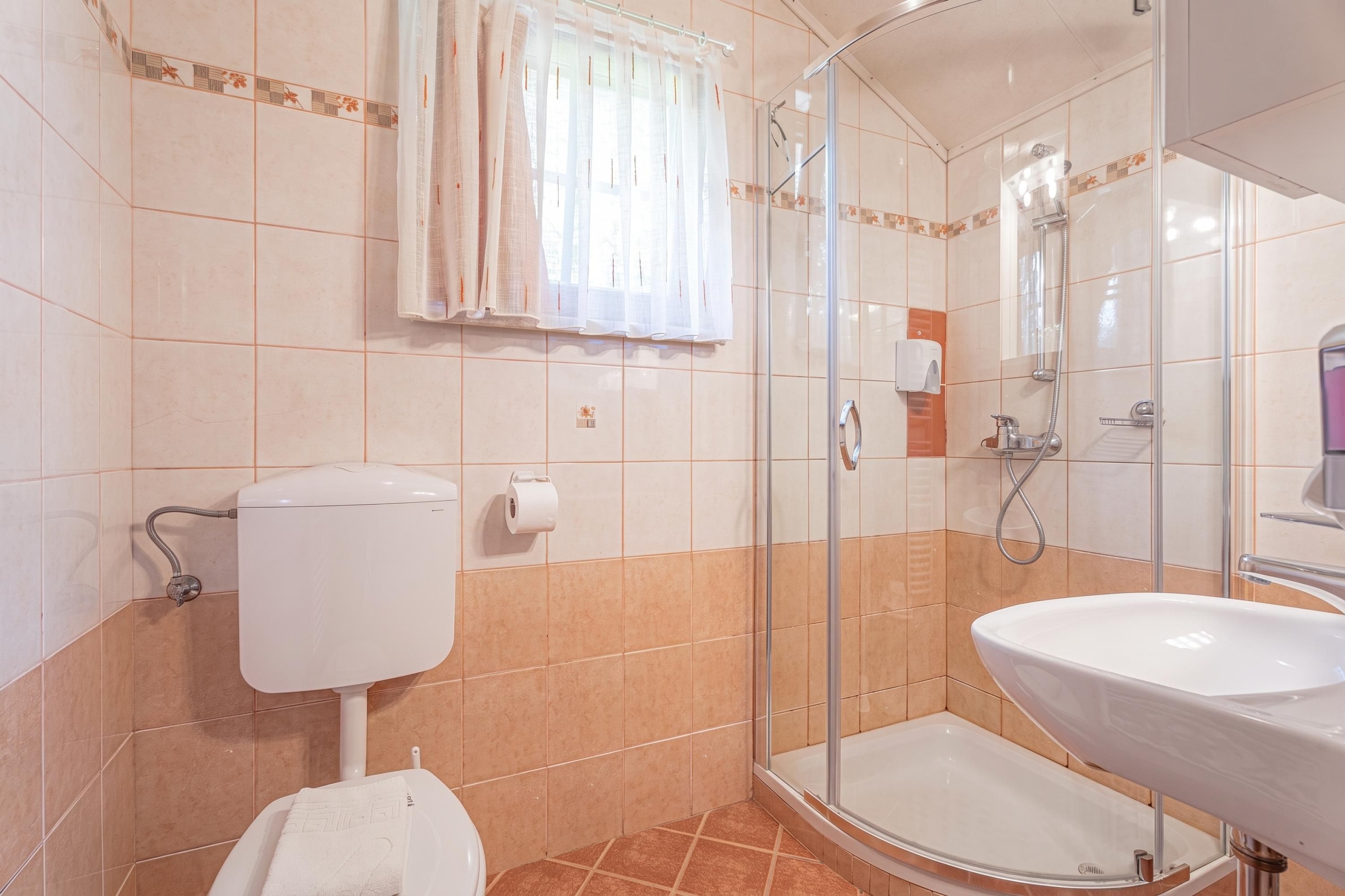A bathroom with a toilet, shower, and sink.