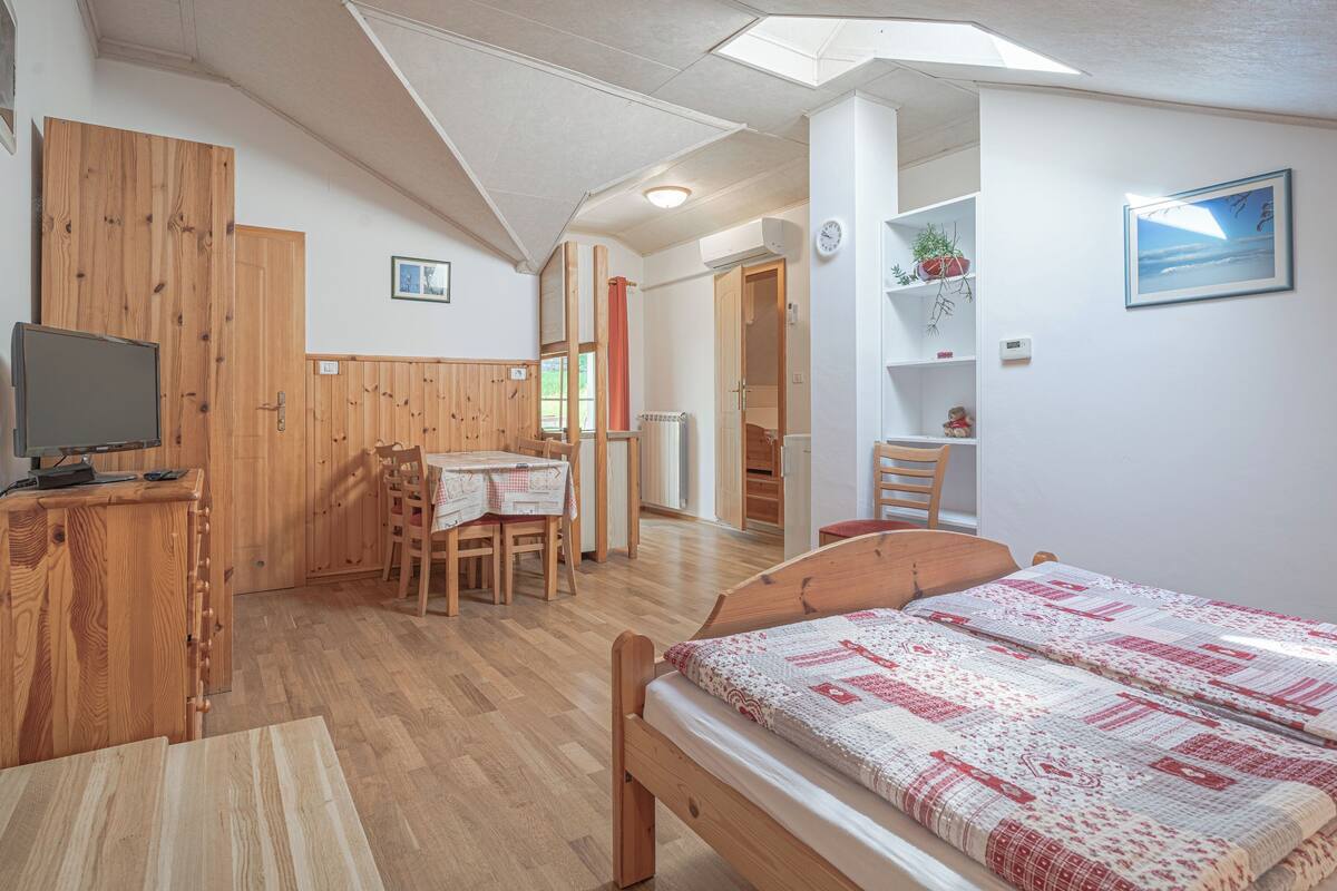 A room with a bed, a desk, a chair, a TV, and a wardrobe.
